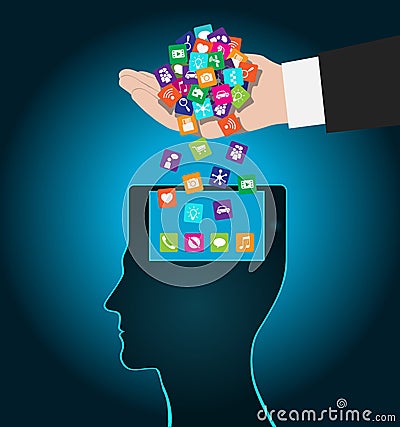 Hand loads icons head. Mobile apps installed into the brain, replacing the mind Vector Illustration