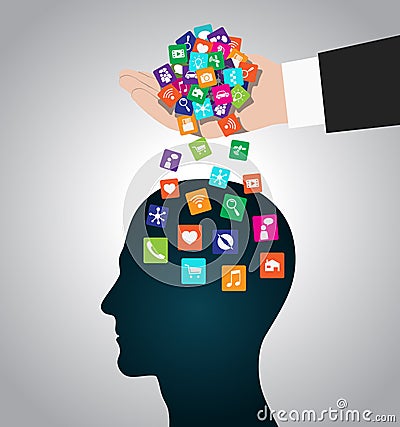 Hand loads icons head. Mobile apps installed into the brain, replacing the mind Vector Illustration