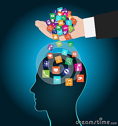 Hand loads icons head. Mobile apps installed into the brain, replacing the mind Vector Illustration