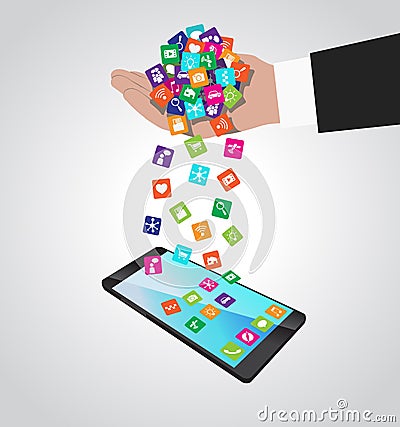 Hand loads and installs apps in smartphone Vector Illustration