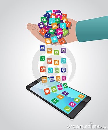 Hand loads and installs apps in smartphone Vector Illustration