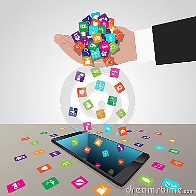 Hand loads and installs apps in smartphone Vector Illustration