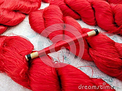 hand loom silk thread spindle for shuttle tool. famous name Thai Silk and Reel Stock Photo