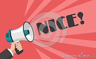 Hand with loudspeaker banner. Megaphone with advertising speech bubble, nice text advertising poster red background Vector Illustration