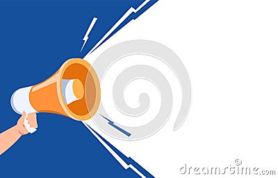 Hand with loudspeaker. Cartoon arm holding megaphone. Colorful background with copy space. Electronic device for Vector Illustration
