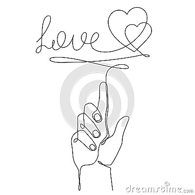 Hand with love word one-line art, continuous drawing contour,hand-drawn romantic design.Bridal, nuptials, Vector Illustration