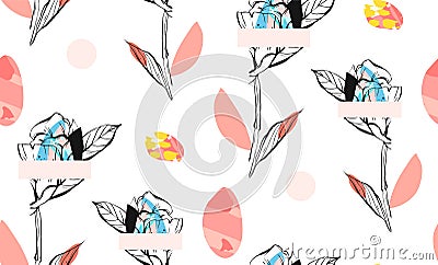 Hand made abstract textured trendy creative collage seamless pattern with floral motif on white background with Vector Illustration