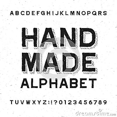 Hand made alphabet font. Distressed vintage letters and numbers on a grunge background. Vector Illustration