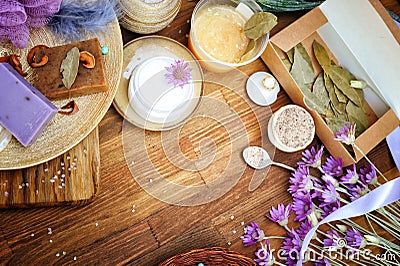 Hand made cosmetics background, fruit and lavender handmade artisan soap Stock Photo