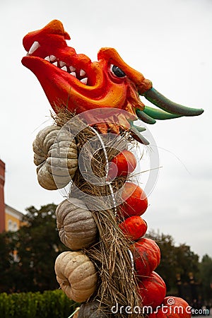 Hand-made decor with pumpkins figures of animals. Pumpkin dragon on halloween with nobody Stock Photo