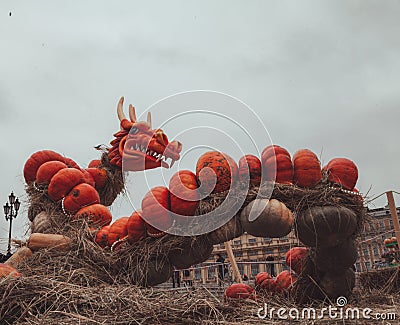 Hand-made decor with pumpkins figures of animals. Pumpkin dragon on halloween with nobody Stock Photo