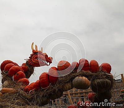 Hand-made decor with pumpkins figures of animals. Pumpkin dragon on halloween with nobody Stock Photo