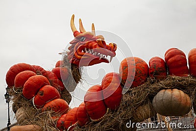 Hand-made decor with pumpkins figures of animals. Pumpkin dragon on halloween with nobody Stock Photo