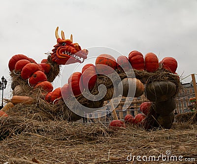 Hand-made decor with pumpkins figures of animals. Pumpkin dragon on halloween with nobody Stock Photo