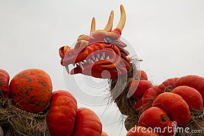 Hand-made decor with pumpkins figures of animals. Pumpkin dragon on halloween with nobody Stock Photo