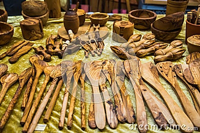 Hand made dishes made of olive wood. Germany Stock Photo