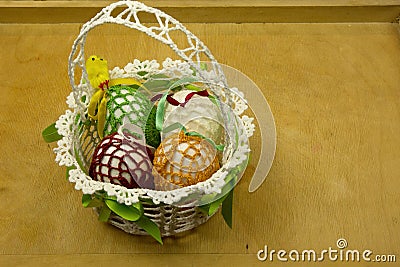 Hand made Easter basket on a wooden table Stock Photo