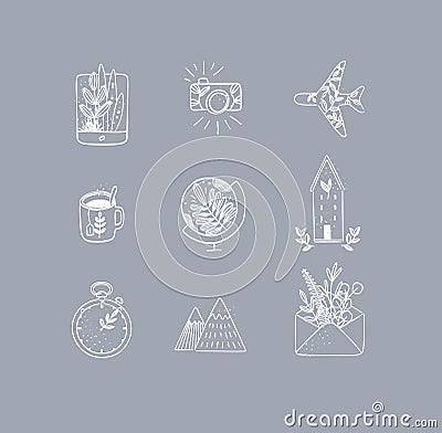 Hand made floral icons travel grey Vector Illustration