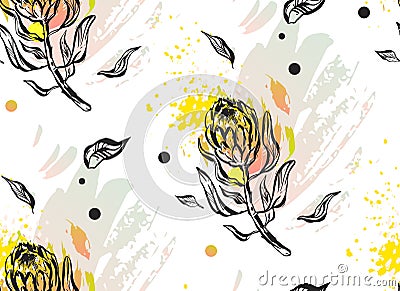 Hand made graphic abstract floral seamless pattern with composition of protea flowers in pastel colors on white Stock Photo