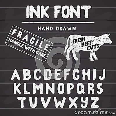 Hand Made Ink stamp font. Handwritten alphabet. Vintage retro textured hand drawn typeface with grunge effect, good for custom log Vector Illustration