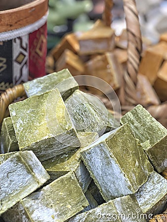 Hand made natural soap bars in basket Stock Photo