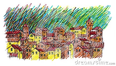 Hand made sketch which is inspired by italian and tuscany landscapes and villages Stock Photo