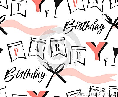 Hand made vector abstract Happy Birthday greeting collage seamless pattern with modern quote Birthday party isolated on Vector Illustration