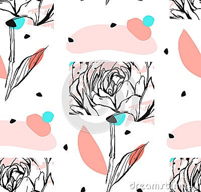 Hand made vector abstract textured trendy creative universal collage seamless pattern with floral peony motif isolated Vector Illustration