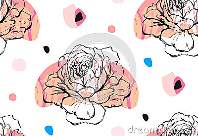 Hand made vector abstract textured trendy creative universal collage seamless pattern with floral peony motif Vector Illustration