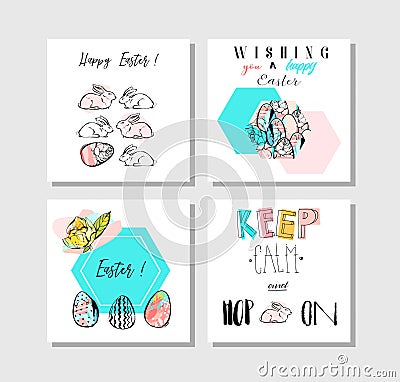 Hand made vector collage abstract Easter greetings cards template collection set with drawing decoration elements Vector Illustration