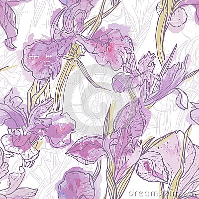 Hand made watercolor iris flowers seamless pattern Vector Illustration