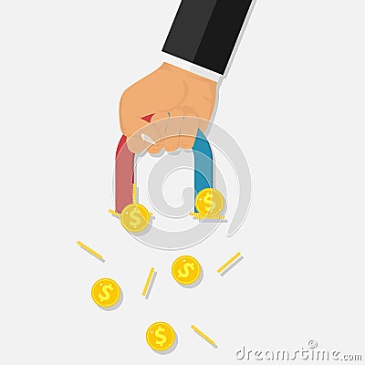 A hand with a magnet attracts gold coins. Cartoon Illustration
