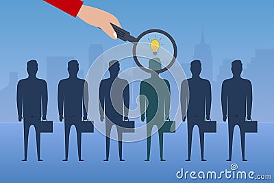 Hand with a magnifying glass chooses an employee with an idea from group of businessmen. Recruitment concept. Business hiring. Vector Illustration