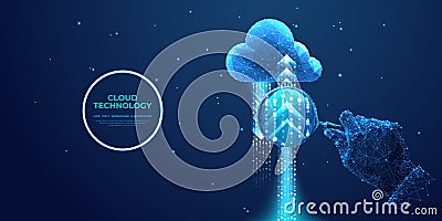 Hand with magnifying glass and digital cloud, arrows up and down Vector Illustration