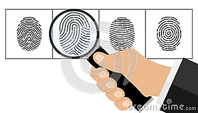 The hand with the magnifying glass looks at the fingerprint. The detective looks at the fingerprint. Vector Illustration