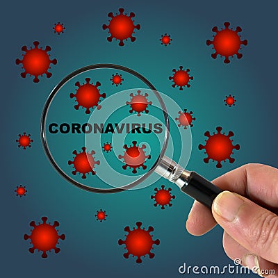 Hand with magnifying glass over coronavirus word Stock Photo