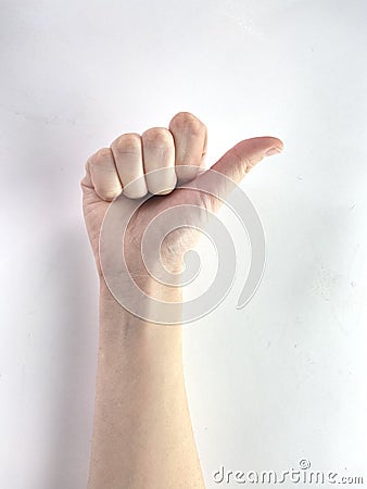 Hand make rang loose sign simbol on white background male female ok gestures finger Caucasian arm clo Stock Photo