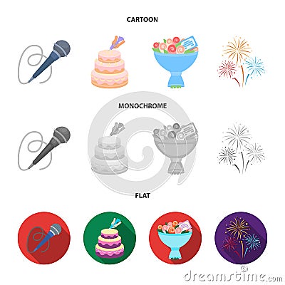 Hand making a cake with cream, a microphone with a cord, a bouquet of roses with a greeting card, a festive salute Vector Illustration