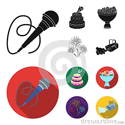 Hand making a cake with cream, a microphone with a cord, a bouquet of roses with a greeting card, a festive salute Vector Illustration