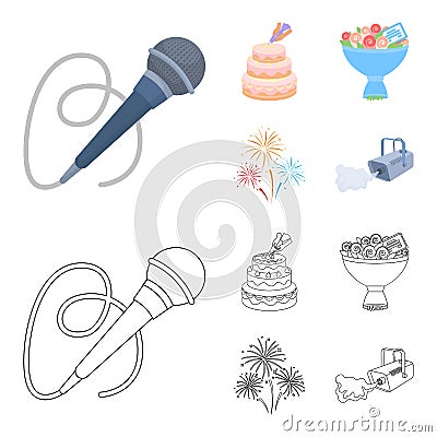 Hand making a cake with cream, a microphone with a cord, a bouquet of roses with a greeting card, a festive salute Vector Illustration