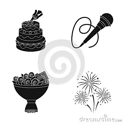 Hand making a cake with cream, a microphone with a cord, a bouquet of roses with a greeting card, a festive salute Vector Illustration