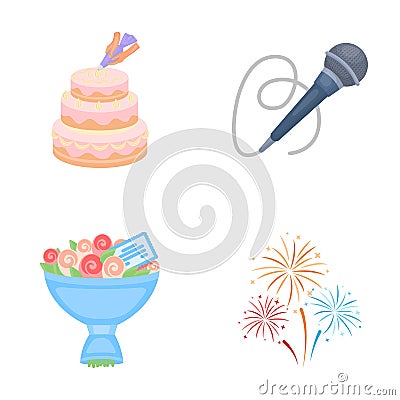 Hand making a cake with cream, a microphone with a cord, a bouquet of roses with a greeting card, a festive salute Vector Illustration