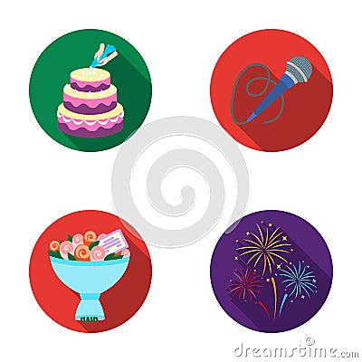 Hand making a cake with cream, a microphone with a cord, a bouquet of roses with a greeting card, a festive salute Vector Illustration