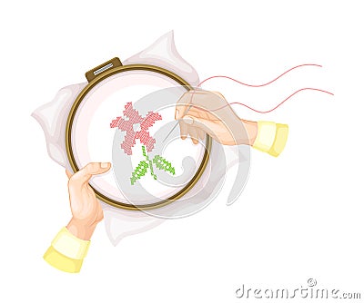Hand Making Cross Stitch Flower on Canvas in Tambour Vector Illustration Stock Photo