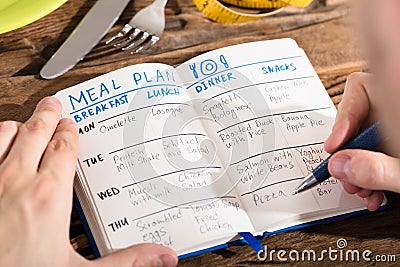 Elevated View Of Human Hand Making Meal Plan On Notebook Stock Photo