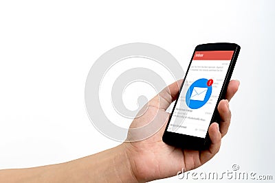 Hand of male checking application email on smart phone Stock Photo