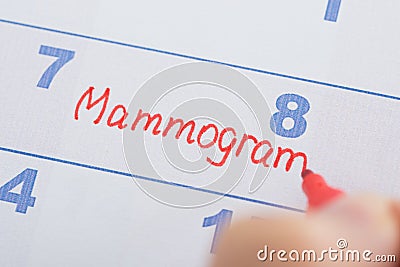 Hand with mammogram written on calendar Stock Photo