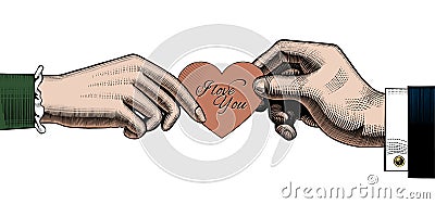 Hand of man give a red rose to woman a red heart with I love You Vector Illustration