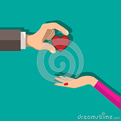 The hand of the man gives the heart to the woman. Declaration of love. vector illustration Stock Photo