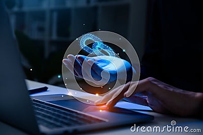Hand of man holding hologram of chain icon Stock Photo
